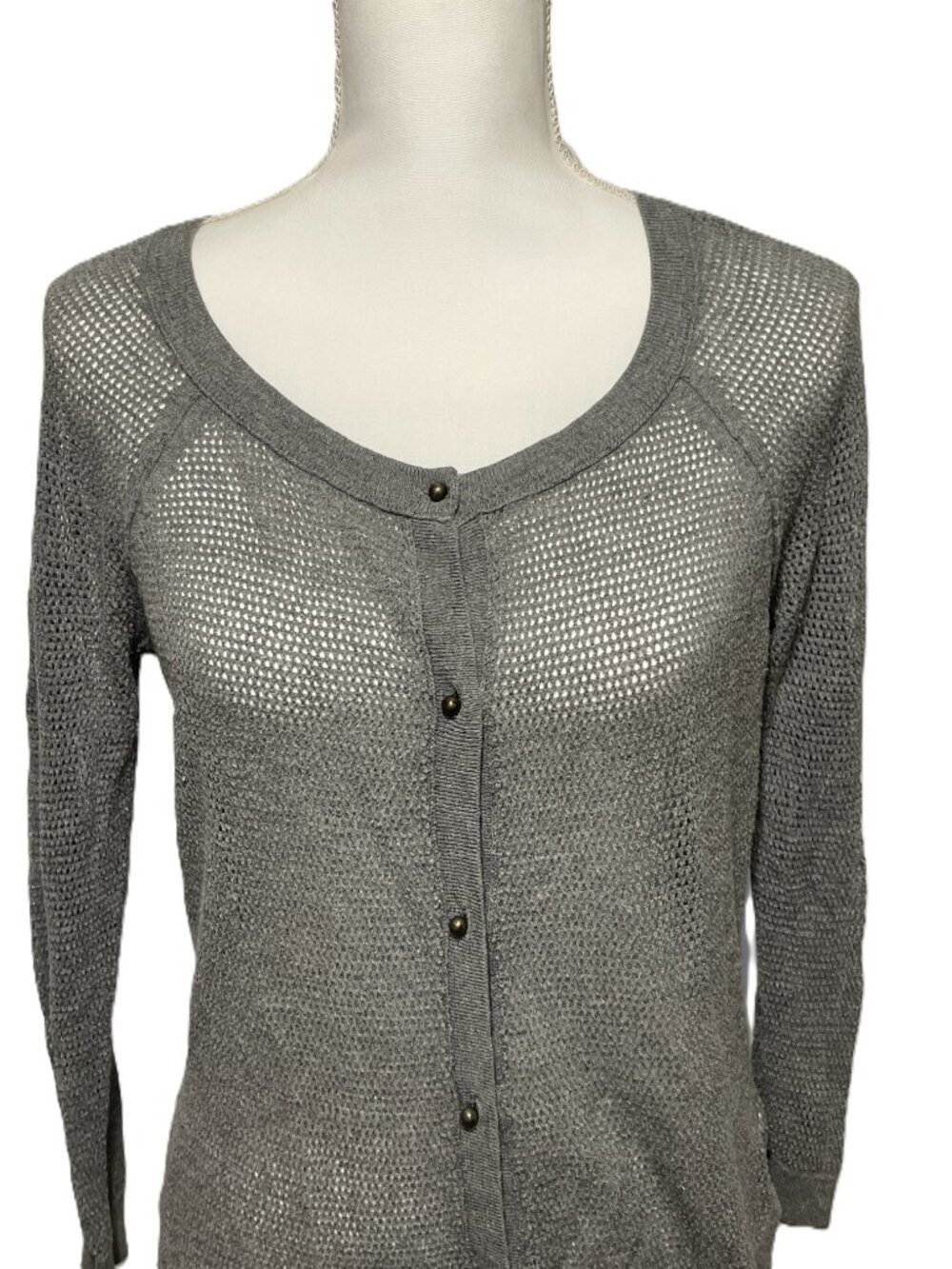 American Eagle Outfitter Gray Cardigan, Sheer with Small Round Buttons, Size L - Picture 2 of 9